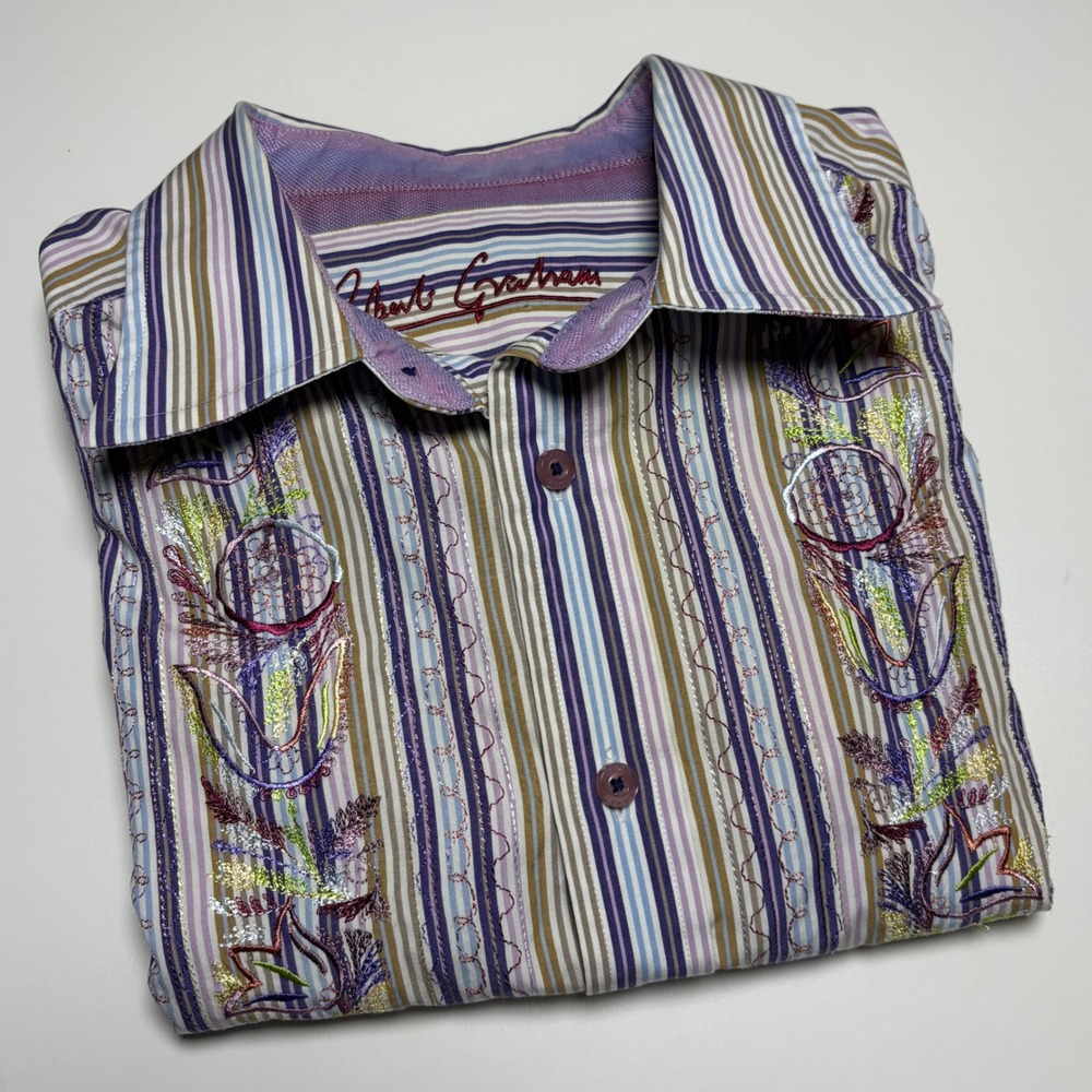 Robert Graham Striped Embroidered Multi Color Long Sleeve Button Down Shirt - Picture 2 of 12